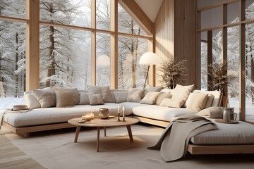 Cozy bright modern living room. White interior background
