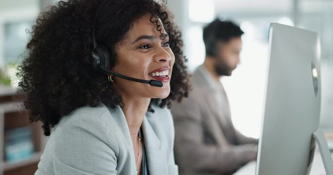 Happy woman, call center and headphones in customer service, telemarketing or support at office. Friendly female person, consultant or agent smile for online advice, help or contact us at workplace