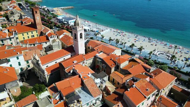 Aerial view of Noli on the Italian Riviera in the province of Savona, Liguria, Italy