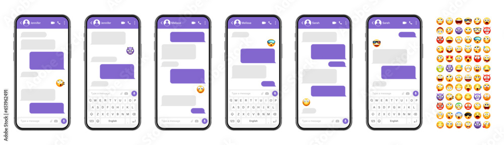 Fototapete smartphone messaging app, user interface design with emoji. sms text frame. chat screen with violet 