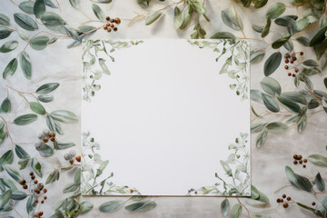 Close up pack shot of a blank square paper greeting card on a bright early morning frosty mistletoe pattern Christmas table cloth. - obrazy, fototapety, plakaty