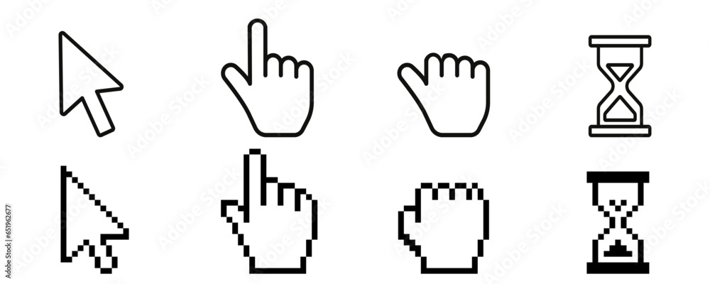 Aufkleber computer cursors are ordinary and pixel hand and arrow. set of cursors icons on white background. pr