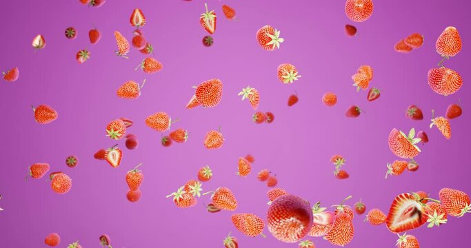 Lots of whole and halved strawberry fruits falling on the pink background. Wallpaper picture of strawberry fruit. 3D Rendering