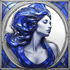 Bright colored beautiful woman portrait, abstract painting in stained glass style, blue color