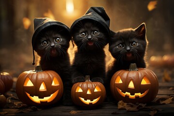 Halloween cute black kittens with pumpkins. Jack lantern illustration