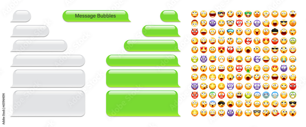 Poster blank message bubbles with emoji. green chat or messenger speech bubble. sms text frame. short messa