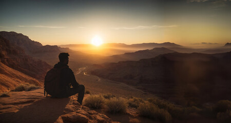 Hiker Overlooking the Desert Landscape at Sunset
