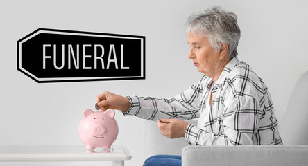 Senior woman with piggy bank at home. Money savings for funeral