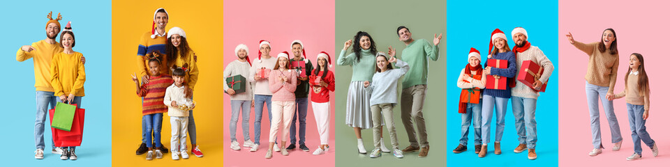 Group of different people with Christmas gifts, shopping bags and in winter clothes on color...