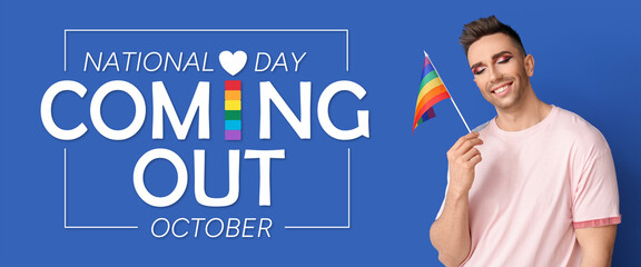 Banner for National Coming Out Day with young transgender woman holding flag