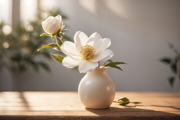 a single white flower in a white vase on a wooden table. ai generative