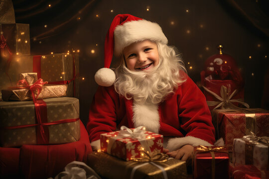 Happy Santa Claus children with open gift boxes Surrounded by many gifts in the bedroom On a warm, light background to copy the Christmas badge.