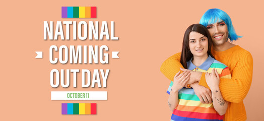 Banner for National Coming Out Day with young transgender couple