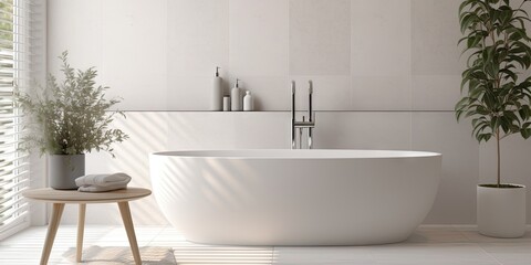 Fototapeta premium Sleek and stylish. Luxury meets simplicity. Modern white bathroom elegance. Bright and airy bath retreat with minimalistic design
