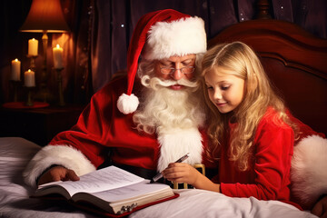 Obraz premium Christmas concept view from Children girl Santa Claus doing homework in bedroom. Smile and happy.