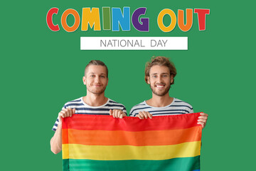 Banner for National Coming Out Day with gay couple holding LGBT flag
