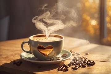 hot coffee with steam heart. ai generative - obrazy, fototapety, plakaty