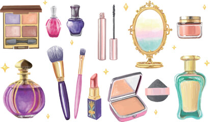 水彩で描いたコスメ道具セット