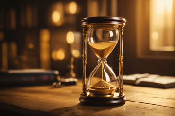 time going by in beautiful hourglass on wooden table. ai generative