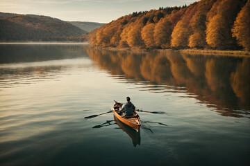 Person rowing on a calm lake in autumn aerial view. ai generative - obrazy, fototapety, plakaty