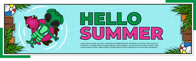 Banner of hello summer with alien are relaxing and floating on floats vector illustration