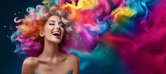Poster Dreamy young woman with long rainbow colored hair. Beauty fashion banner © LiliGraphie