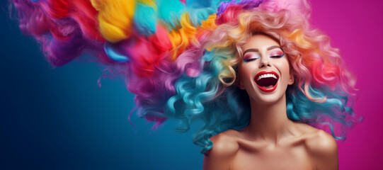 Funky playful young woman with long colorful hair. Beauty fashion banner