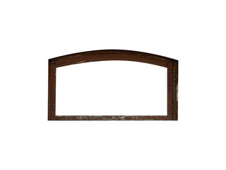 Old dark brown arched wooden window frame is isolated on transparent background.