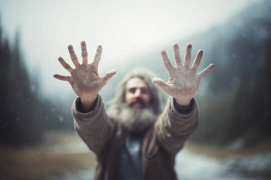 Human evolution: a beard man showing his hands with a mutation of six fingers