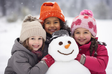 Fototapeta na wymiar Group of diverse happy multi-ethnic children making snowman and having fun outdoors in snow, winter time