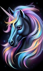 Unicorn - portrait of unicorn on black background - colorful illustration - AI generative art
