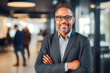 Portrait of a proud smiling confident middle aged African American businessman in office. Elegant, stylish, corporate leader, successful CEO executive manager. Wearing glasses and business suit
