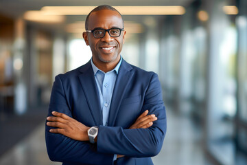 Portrait of a proud smiling confident middle aged African American businessman in office. Elegant, stylish, corporate leader, successful CEO executive manager. Wearing glasses and business suit - obrazy, fototapety, plakaty