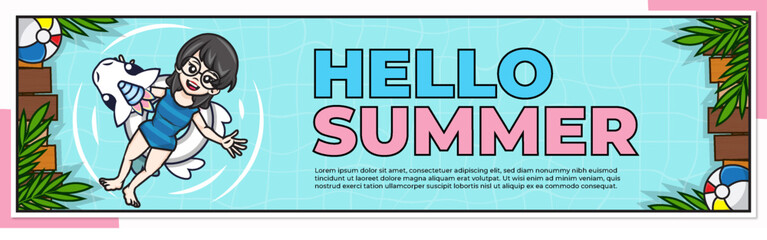 Banner of hello summer with a girl are relaxing and floating on floats vector illustration