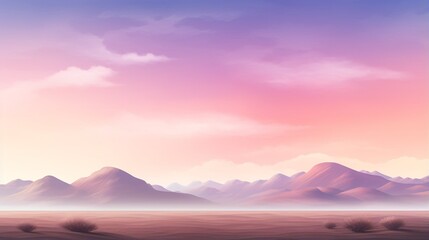 Peaceful ethereal desert foggy landscape with mountains pc desktop wallpaper background, ai generated	
