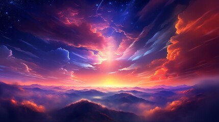 Fototapeta premium Vibrant dark dramatic landscape with mountains and motion clouds pc desktop wallpaper background, ai generated 
