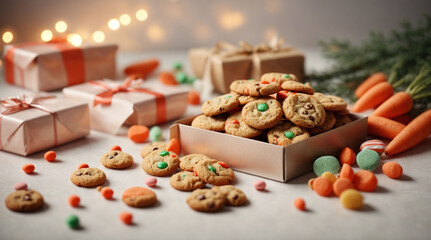 Obraz na płótnie Canvas Small cookies, carrots, candies, gifts, festive atmosphere. Celebrating St. Nicholas Day.