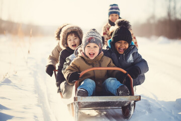 Group of diverse happy multi-ethnic children riding sledge and having fun outdoors in snow, winter time