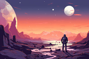Fototapeta premium Fantasy landscape with mountains, river and moon. illustration.