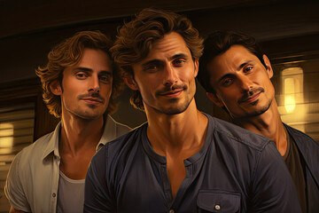 Obraz premium Three young men looking at the camera with a serious expression. Men's beauty, fashion.