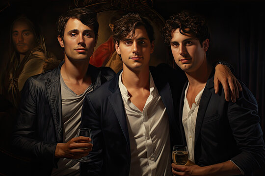 Portrait of three handsome men with glasses of wine. Men's beauty, fashion.
