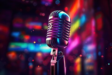 Vintage microphone on stage. Setting mood for classic performance. Live concert vibes. Closeup of professional microphones in action. Art of sound. Retro ready for nightclub show - obrazy, fototapety, plakaty