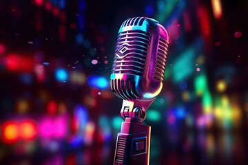 Vintage microphone on stage. Setting mood for classic performance. Live concert vibes. Closeup of...