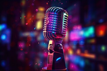 Vintage microphone on stage. Setting mood for classic performance. Live concert vibes. Closeup of...