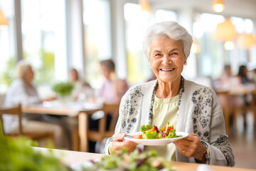 Portrait of a senior woman in a retirement home happily enjoying a healthy lunch. Presentation of a healthy lifestyle of well-being and contentment even at an age - obrazy, fototapety, plakaty