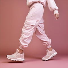 female legs side view wearing pink sneakers isolated on plain color studio background
