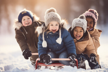 Group of diverse happy multi-ethnic children riding sledge and having fun outdoors in snow, winter time - obrazy, fototapety, plakaty