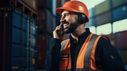 Hispanic man harbor worker talking on the walkie-talkie and control loading containers at container warehouse or port. container, import and export goods, industrial, transportation