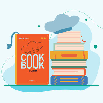 National Cookbook Month on october 1, with vector illustration several books are arranged and on top of them there is a chef hat and also a book with text on the cover isolated on abstract background.