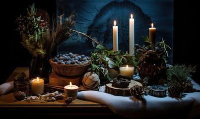 Fototapeta na wymiar winter solstice still life with candles and decorations